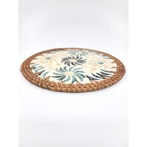 Handmade Vietnamese Mother of Pearl Inlay Trivet 10” with Rattan Border